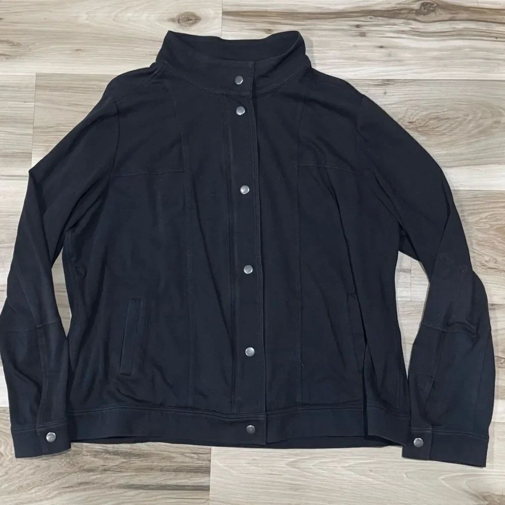 Eileen Fisher Cotton Stretch Jersey Snap Full Zip Up Jacket Black Women’s XL